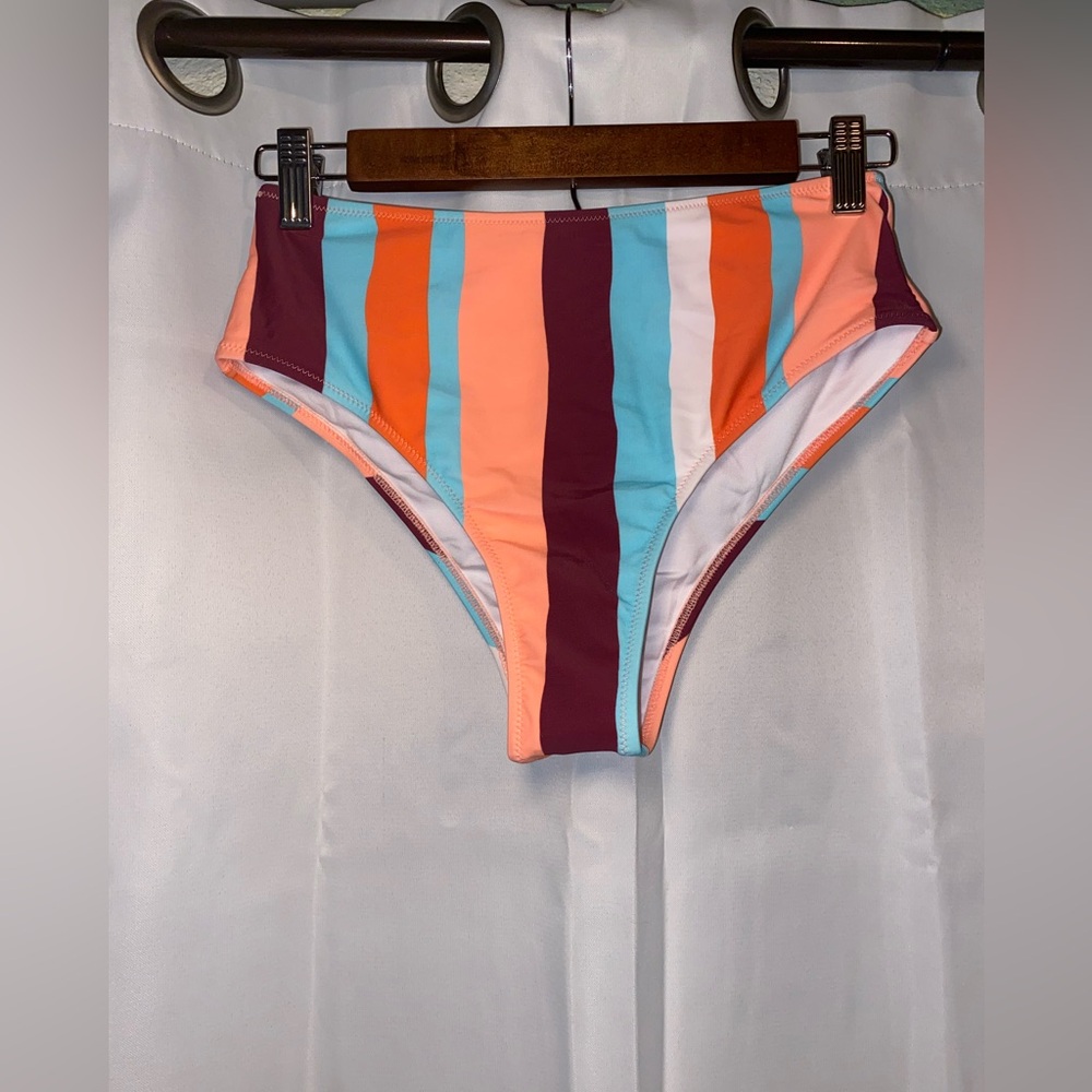 Cupshe Striped High Waist Bikini Bottom Swimsuit Size XS Blue Orange Coral